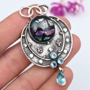 Unique Handmade American Dichroic Glass & Blue Topaz Gemstone Pendant